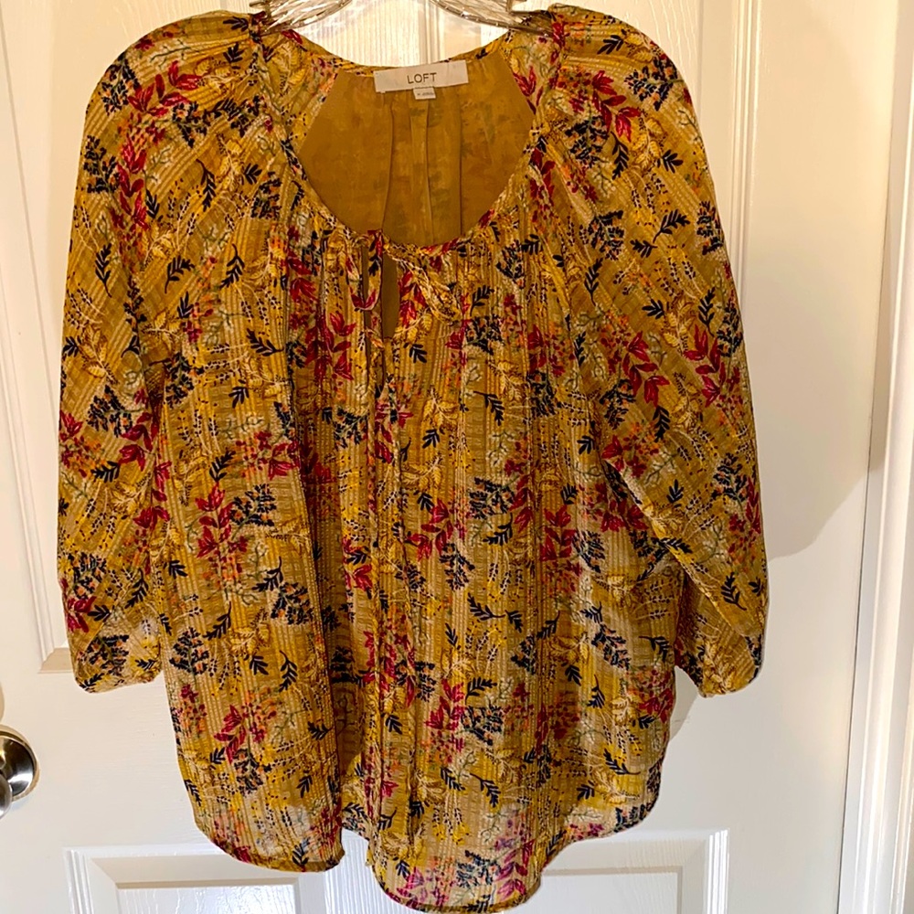 Loft Tie Neck Floral Peasant Blouse Size M Top